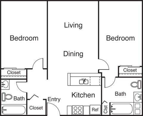 Floor plan for 2 beds, 2 baths, 872 sqft